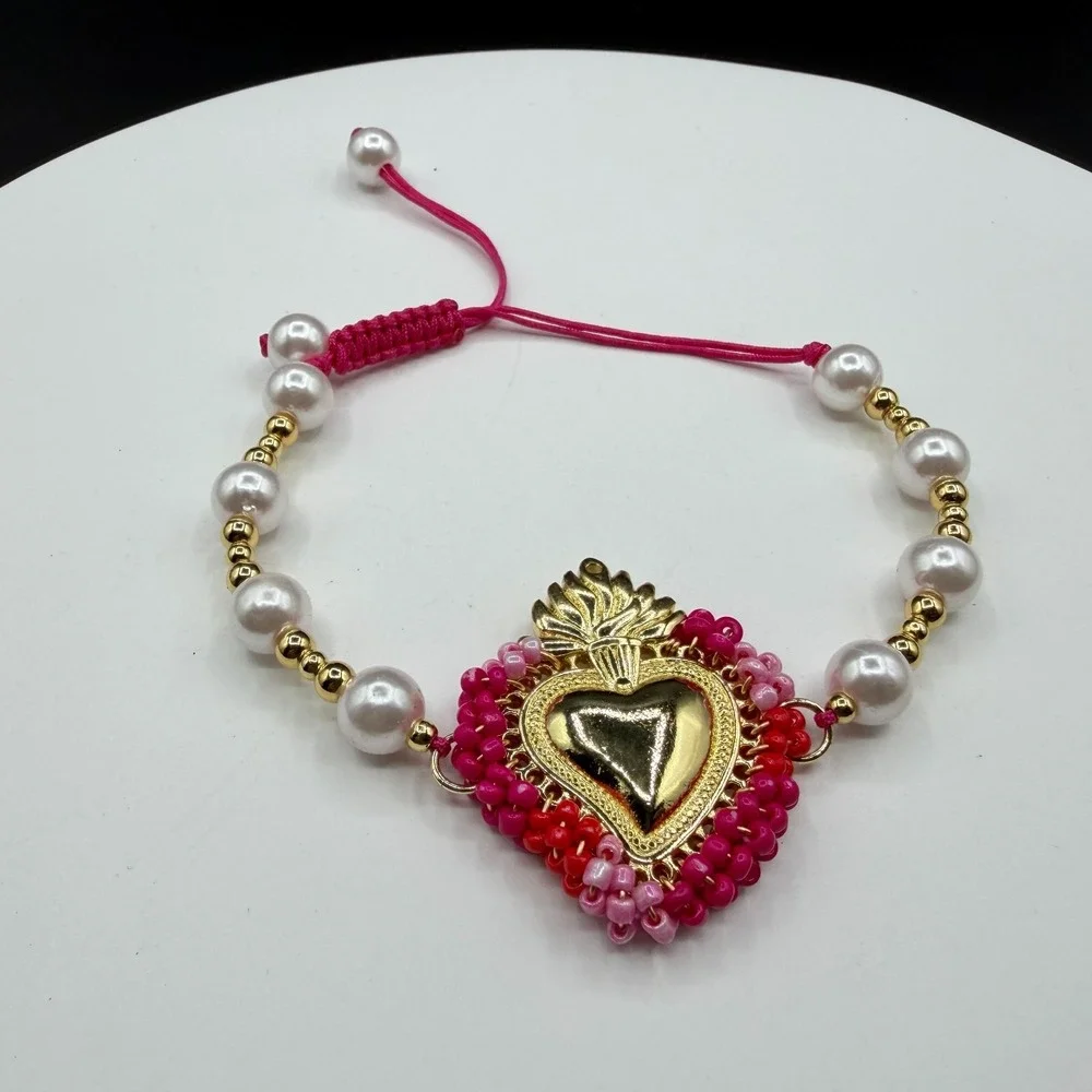 Sacred Heart Bracelet Pink Beaded Pearl Adjustable Gold Tone Valentine Boho